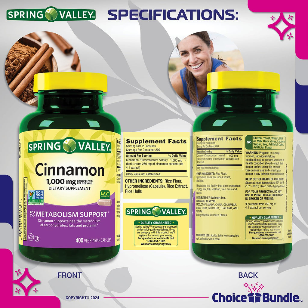 Cinnamon Supplement 1000mg 400 ct Vegetarian Capsules T18918