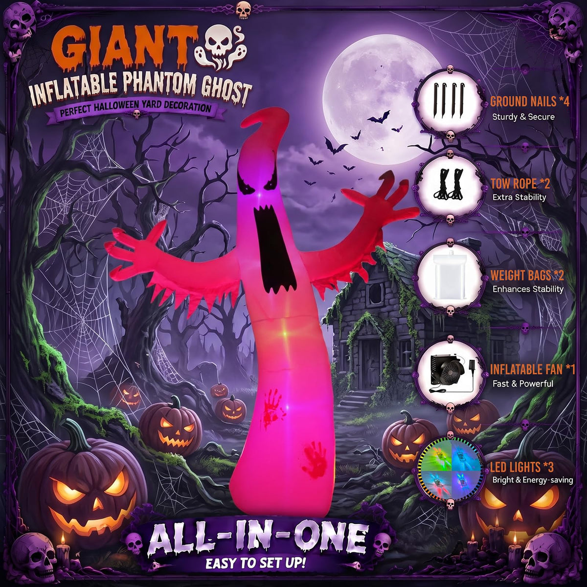 8 FT Halloween Inflatable Ghost Outdoor Decoration with Colorful LEDs I194503