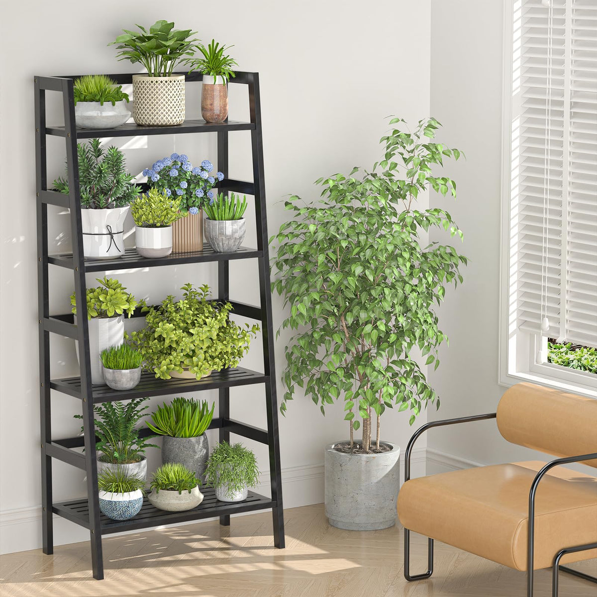 Black 4-Tier Bamboo Ladder Shelf X498782