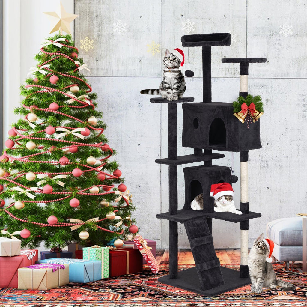 70" Dark Grey Cat Tree Tower with Scratching Post and Bed L465