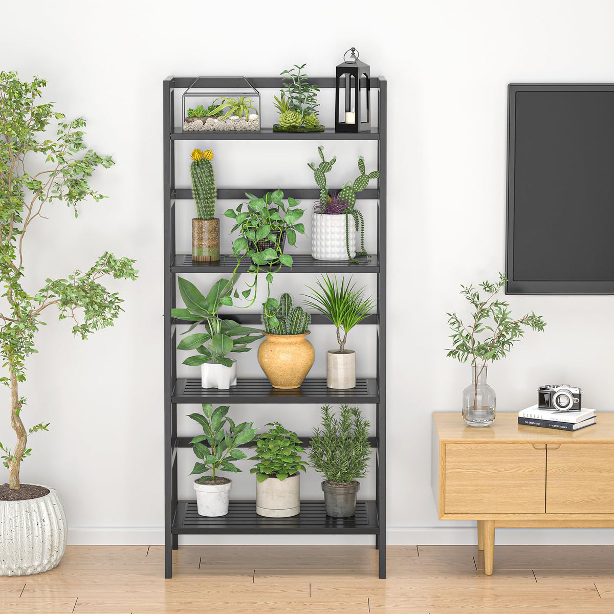 Black 4-Tier Bamboo Ladder Shelf X498782