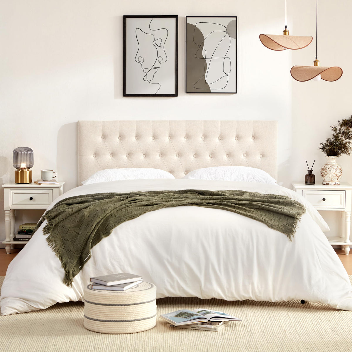 Beige Tufted Upholstered Queen Size Headboard X166