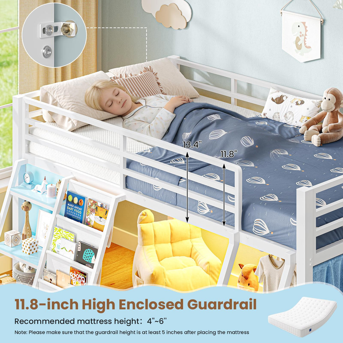 White & Blue Twin Loft Bed with 7 Storage Drawers L495