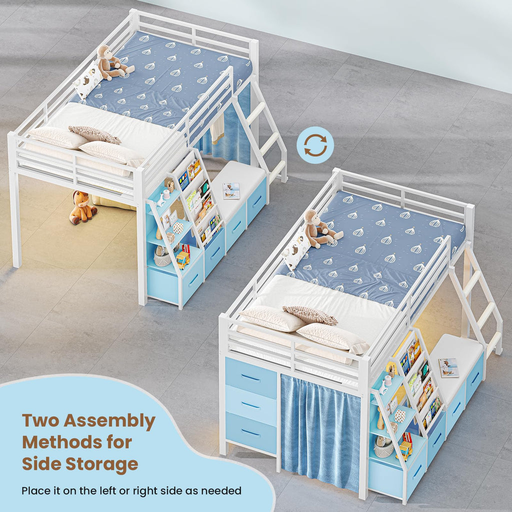 White & Blue Twin Loft Bed with 7 Storage Drawers L495