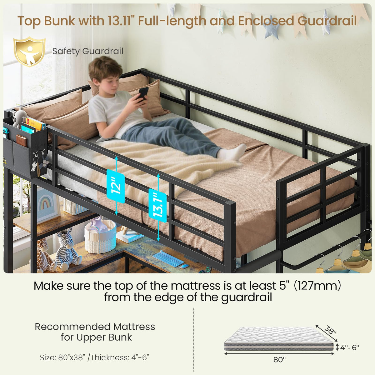 Twin XL Over Twin Bunk Bed with Desk and 5 Storage Drawers O59133