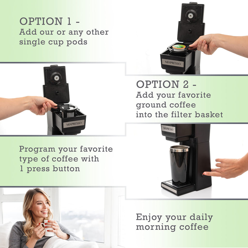 Single Serve Coffee Maker with 14oz Travel Mug & Reusable Filter A1145
