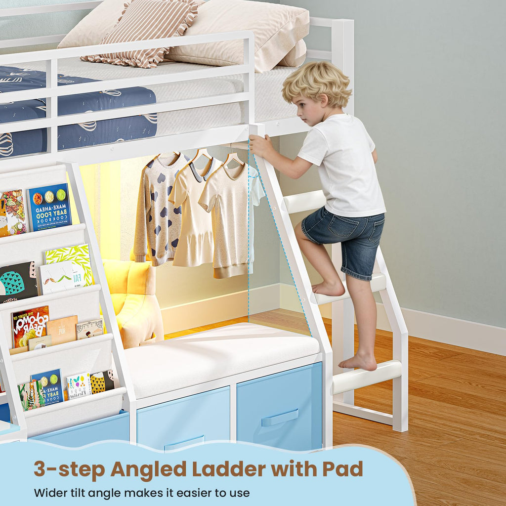 White & Blue Twin Loft Bed with 7 Storage Drawers L495