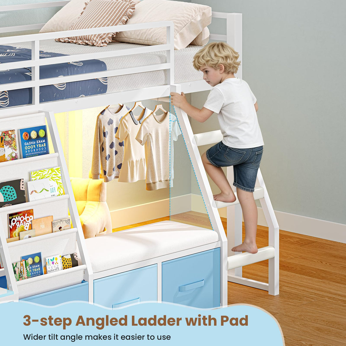 White & Blue Twin Loft Bed with 7 Storage Drawers L495