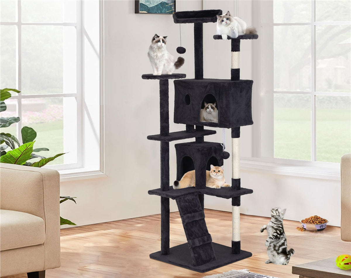 70" Dark Grey Cat Tree Tower with Scratching Post and Bed L465
