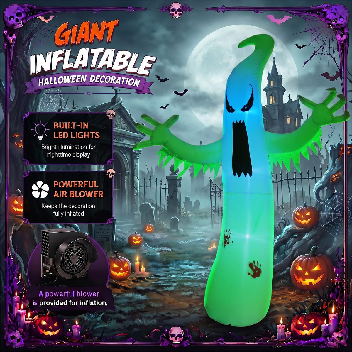 8 FT Halloween Inflatable Ghost Outdoor Decoration with Colorful LEDs I194503
