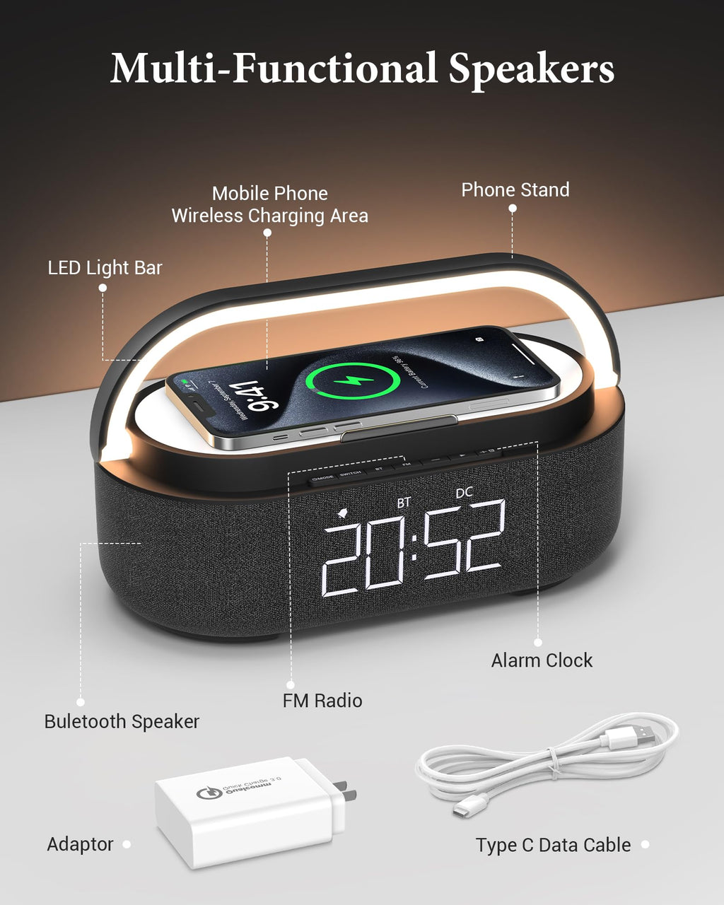 Bluetooth Speaker with Wireless Charger FM Radio LED Light H821147