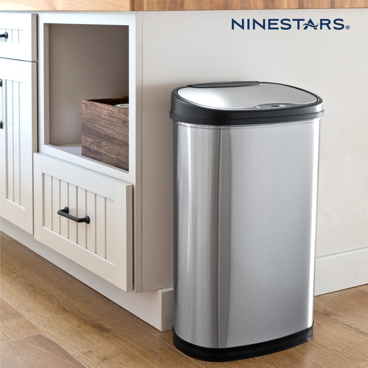 13 Gallon Oval Automatic Trash Can, 50L Touchless Motion Sensor Garbage Can with Odor-Sealing Lid & One-Touch Manual Mode, Silver Stainless Steel, Black Trim V121441