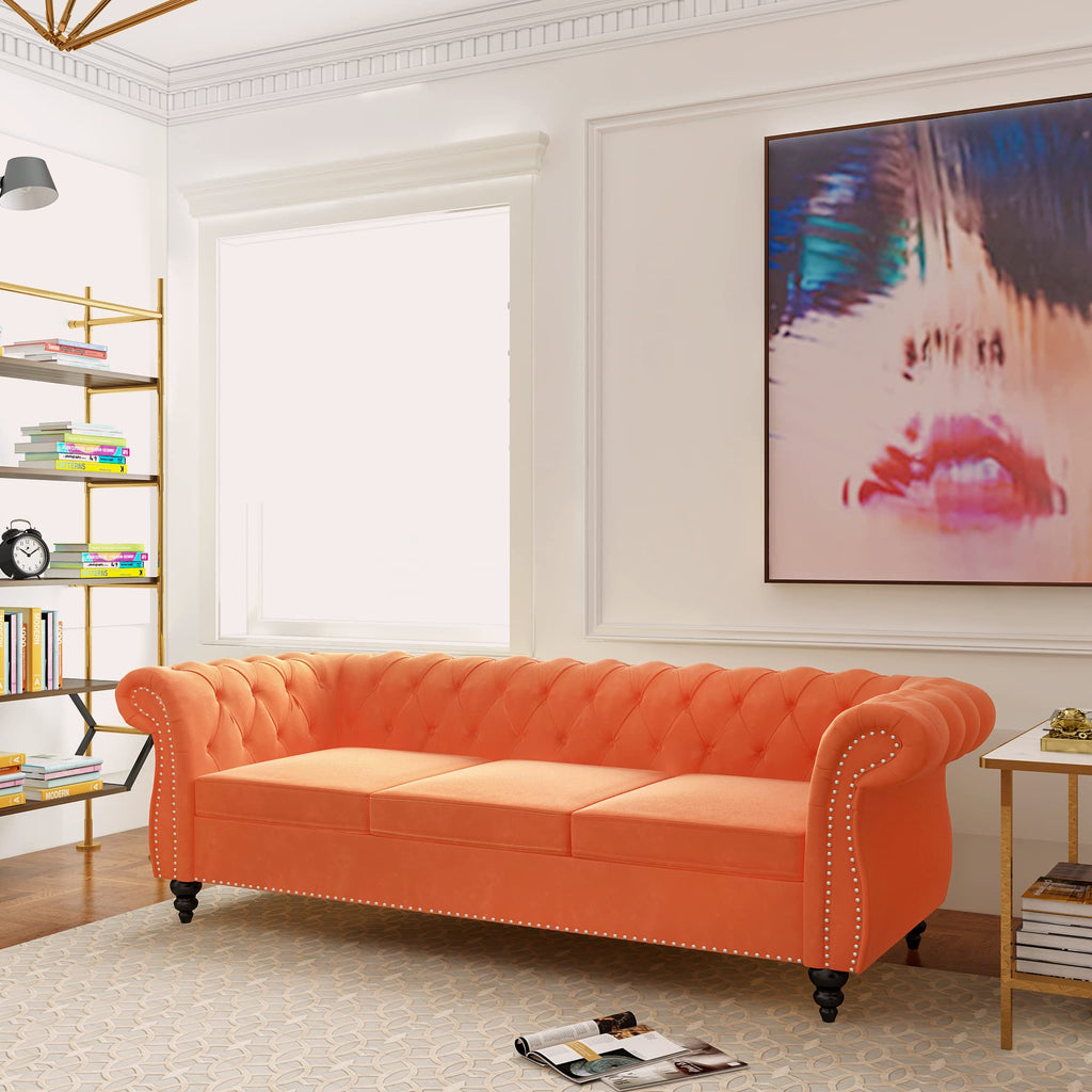 Velvet 3 Seater Tufted Sofa with Rolled Arms Y616140