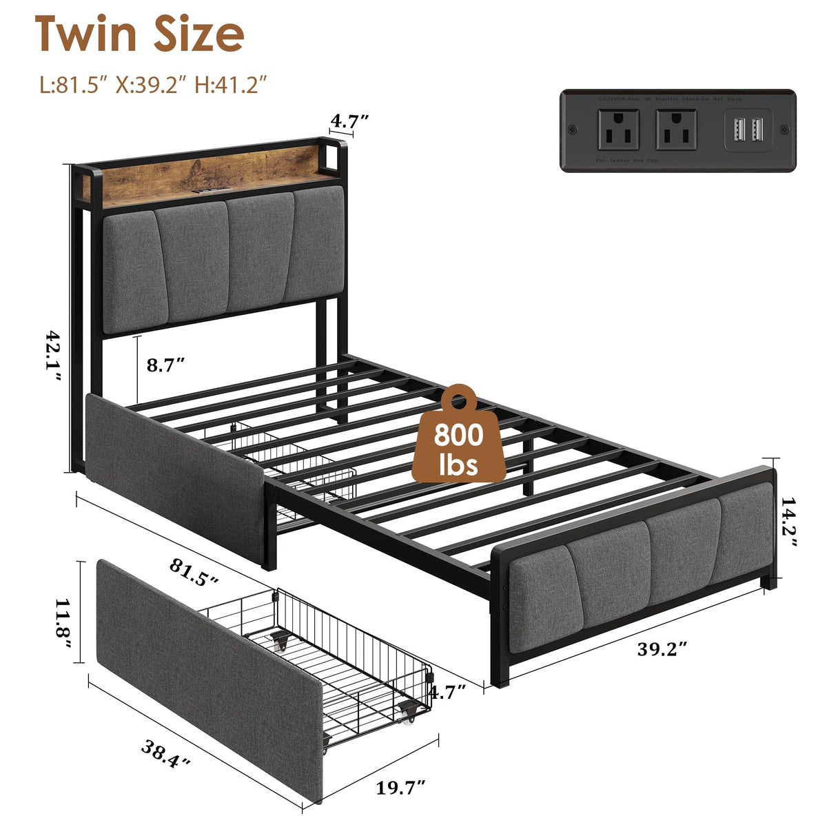 Grey Twin Size Linen Upholstered Platform Bed Frame with 2 Storage Drawers Z53640