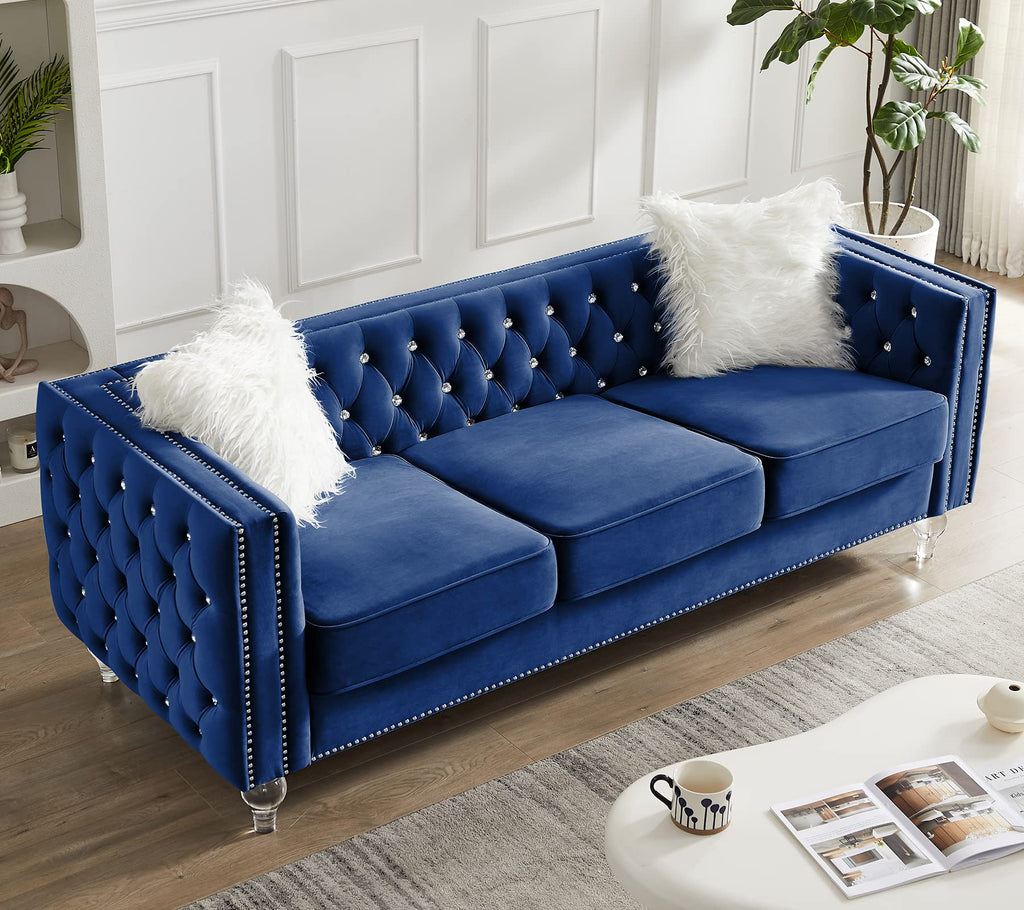 Velvet 3 Seater Sofa Couch with Nailhead and Acrylic Legs J62790