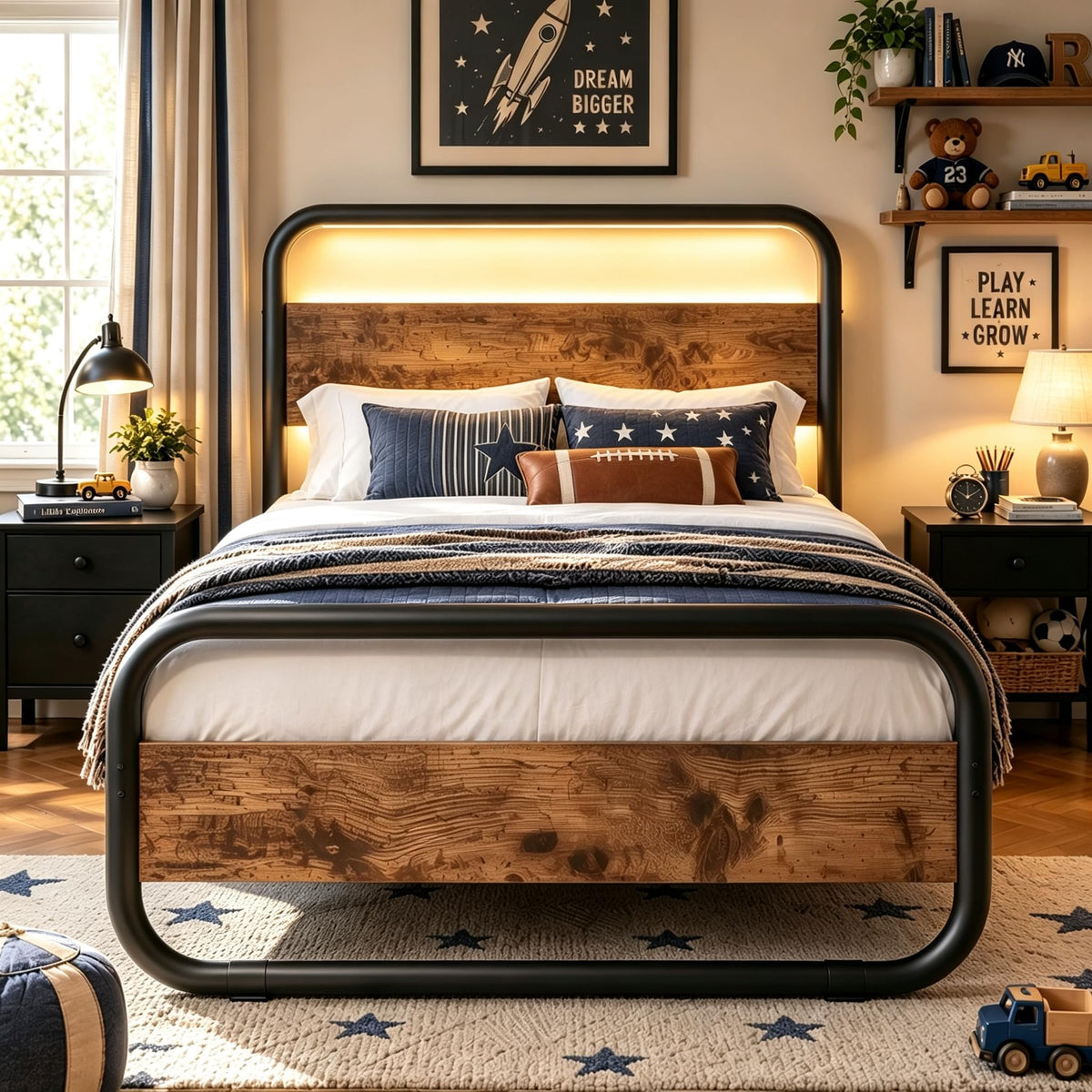 Brown Metal Platform Twin Bed Frame with Wood Headboard N342312
