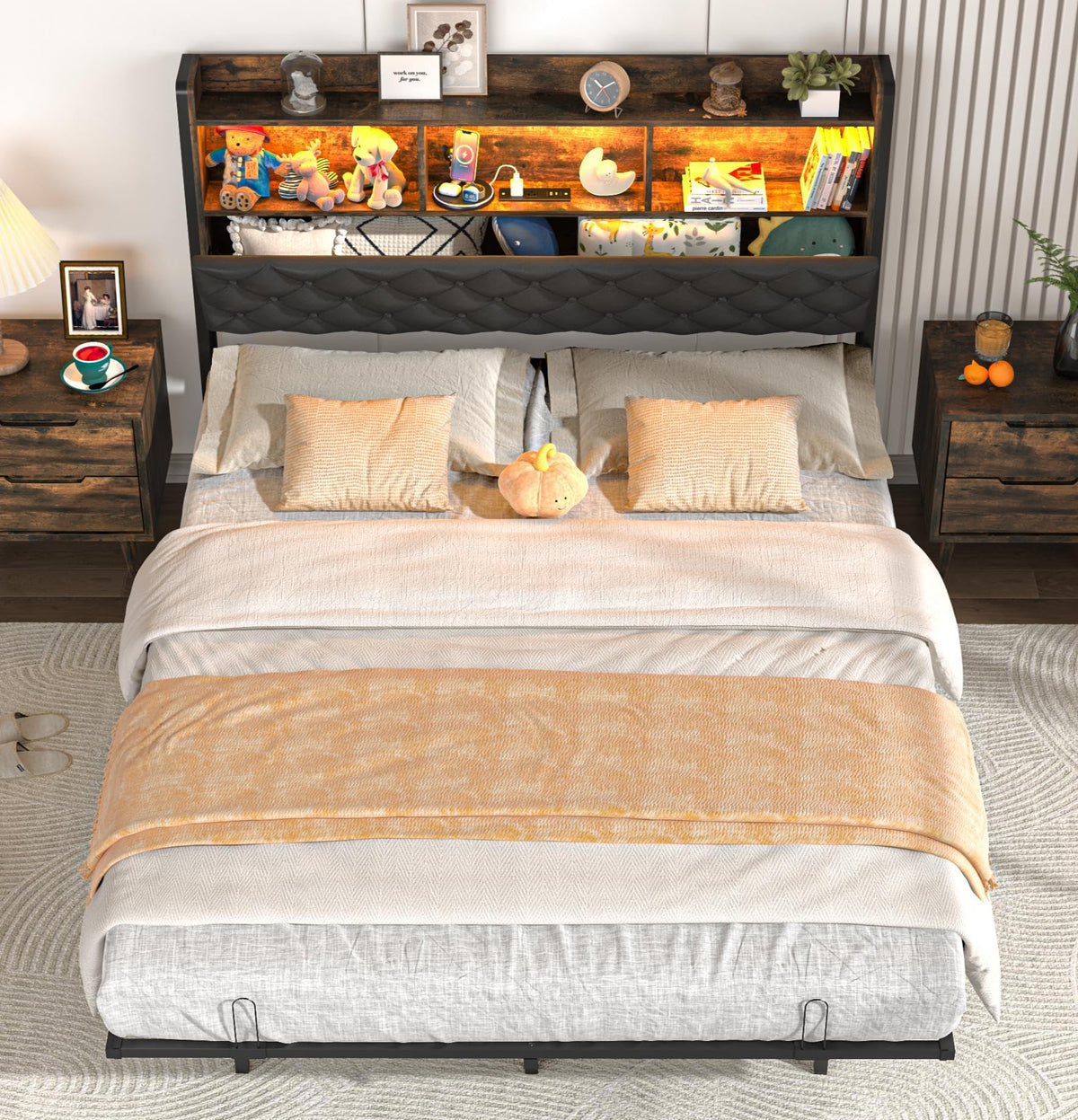 Queen Size Metal Platform Bed with Storage Bookcase Headboard B886891