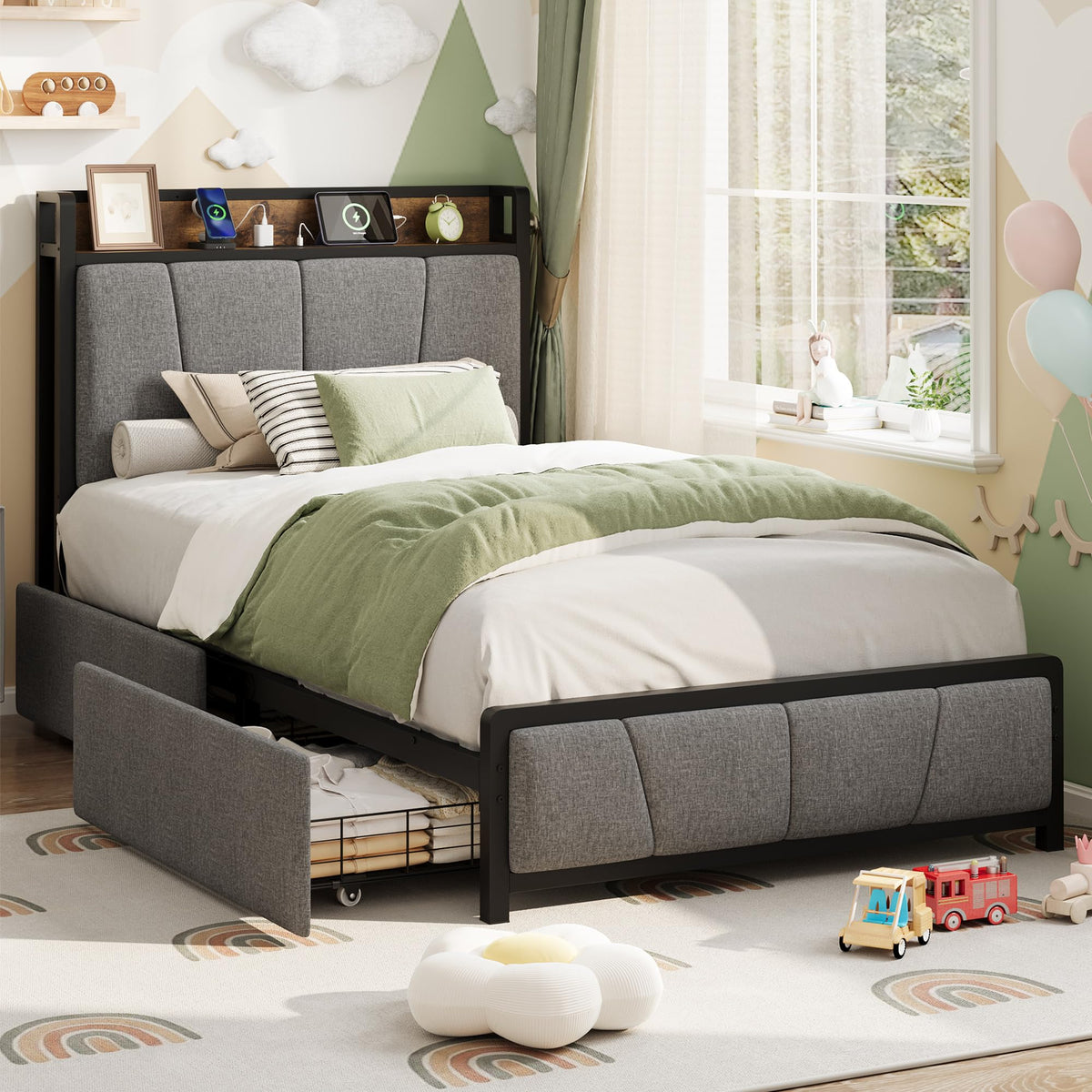 Grey Twin Size Linen Upholstered Platform Bed Frame with 2 Storage Drawers Z53640