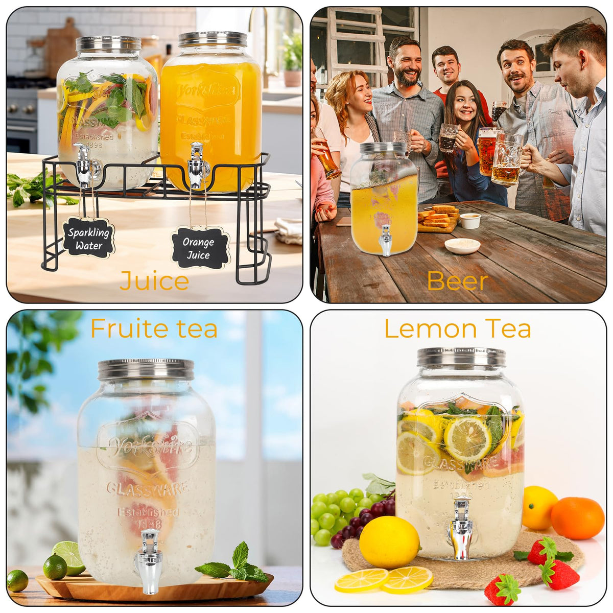 2 Pack 1 Gallon Glass Drink Dispensers with Stand B52037