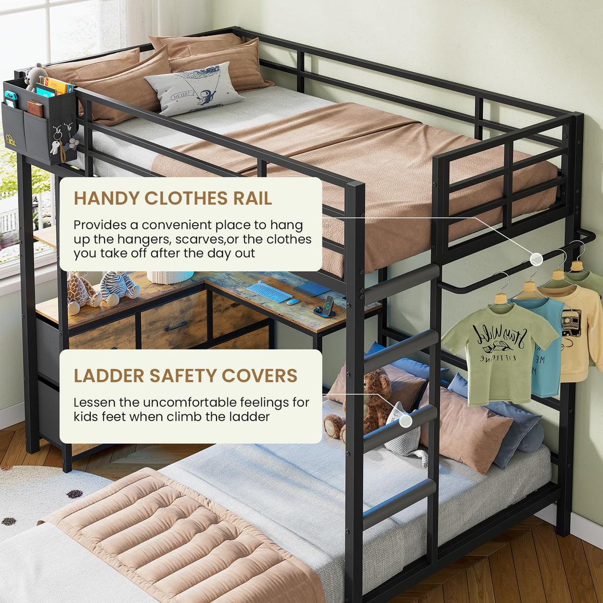Twin XL Over Twin Bunk Bed with Desk and 5 Storage Drawers O59133