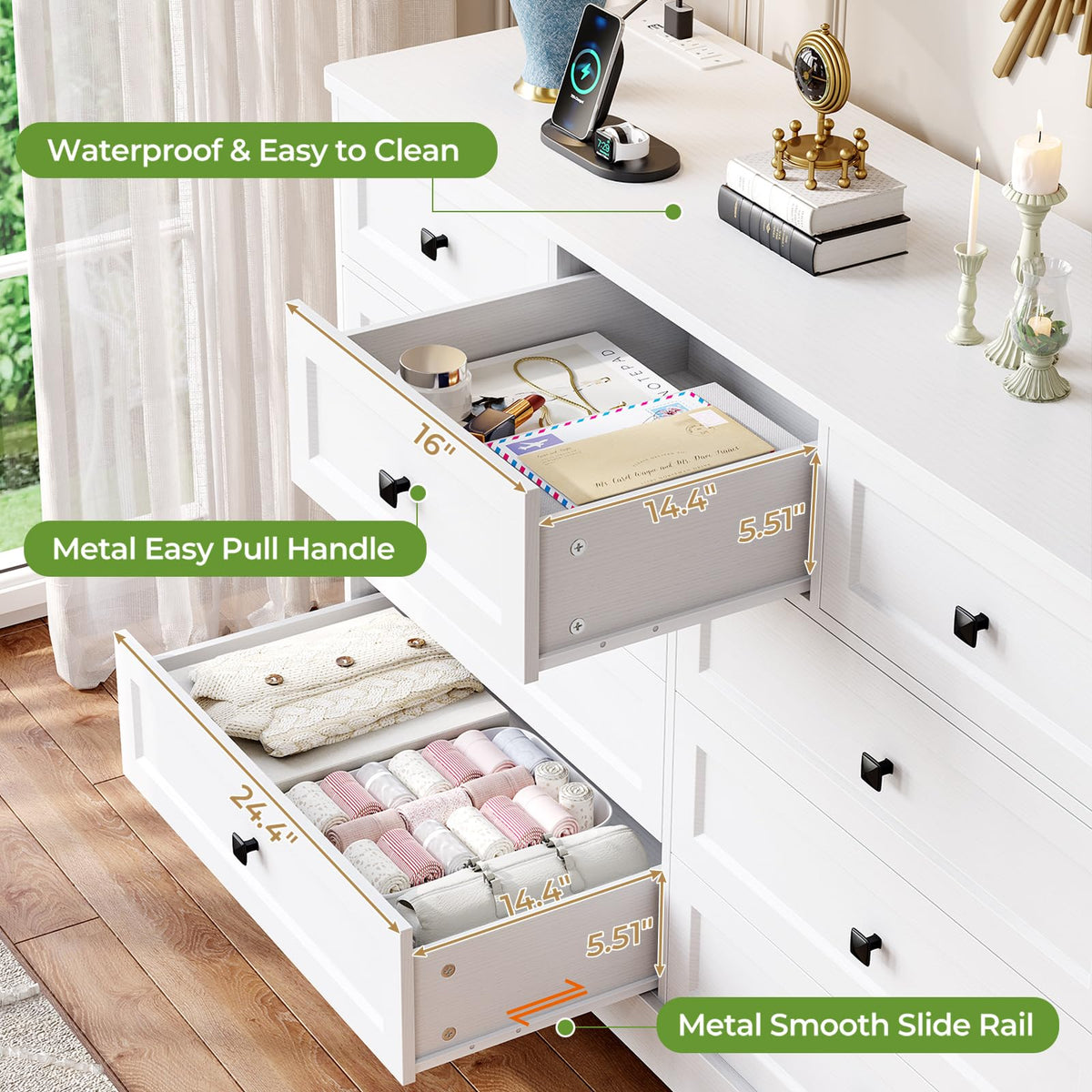 White 9 Drawer Wood Dresser with Charging Station R993