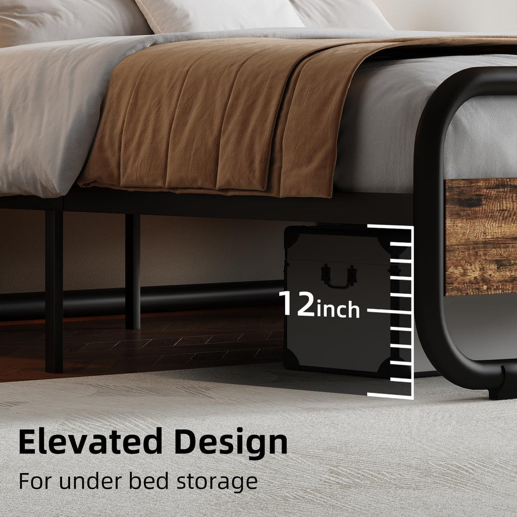 Brown Metal Platform Twin Bed Frame with Wood Headboard N342312