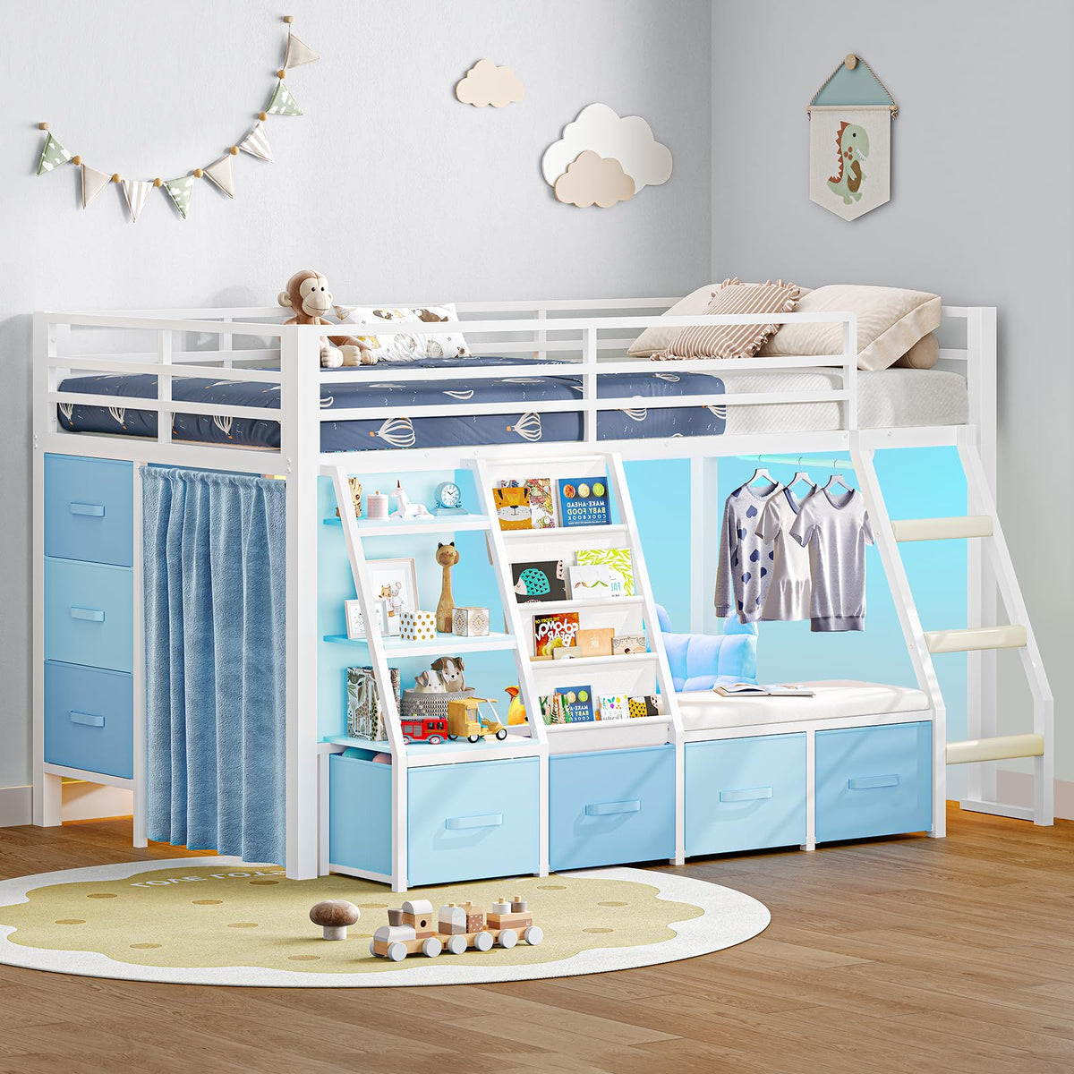 White & Blue Twin Loft Bed with 7 Storage Drawers L495