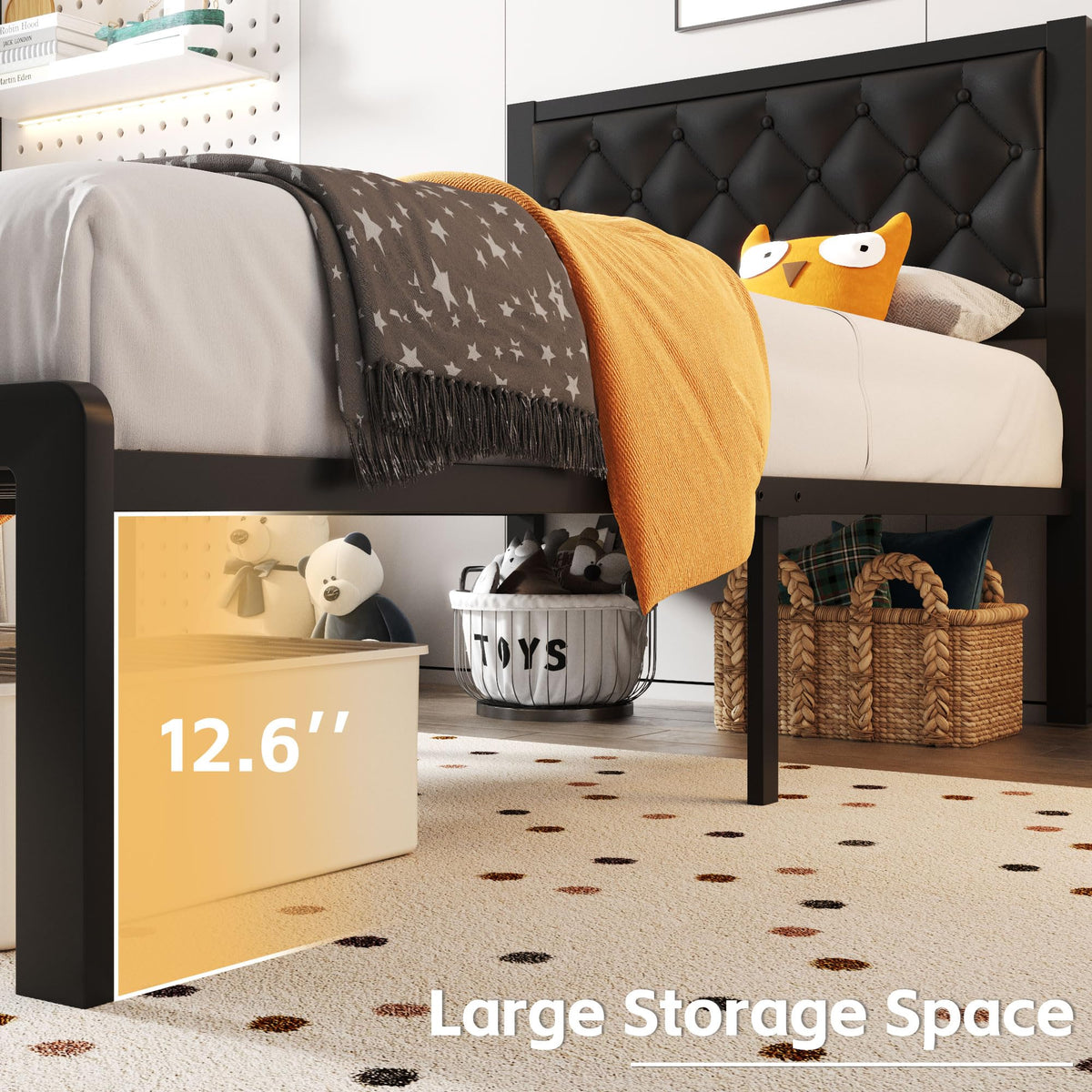 Black PU Leather Upholstered Twin Bed Frame with Headboard V3981