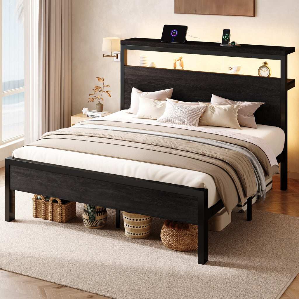 Full Bed Frame with 2-Tier Storage Headboard S9433