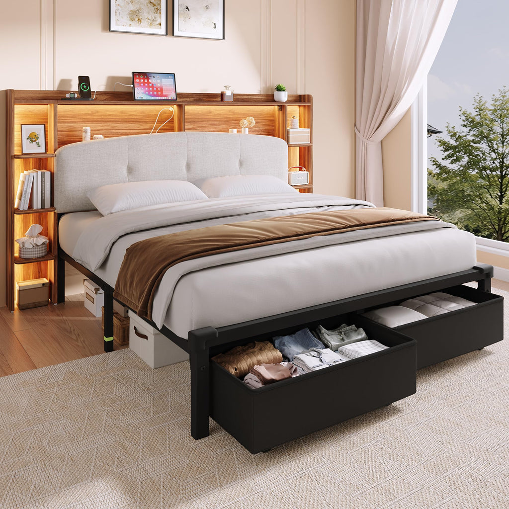 Queen Size Storage Bed Frame with Upholstered Headboard J8011