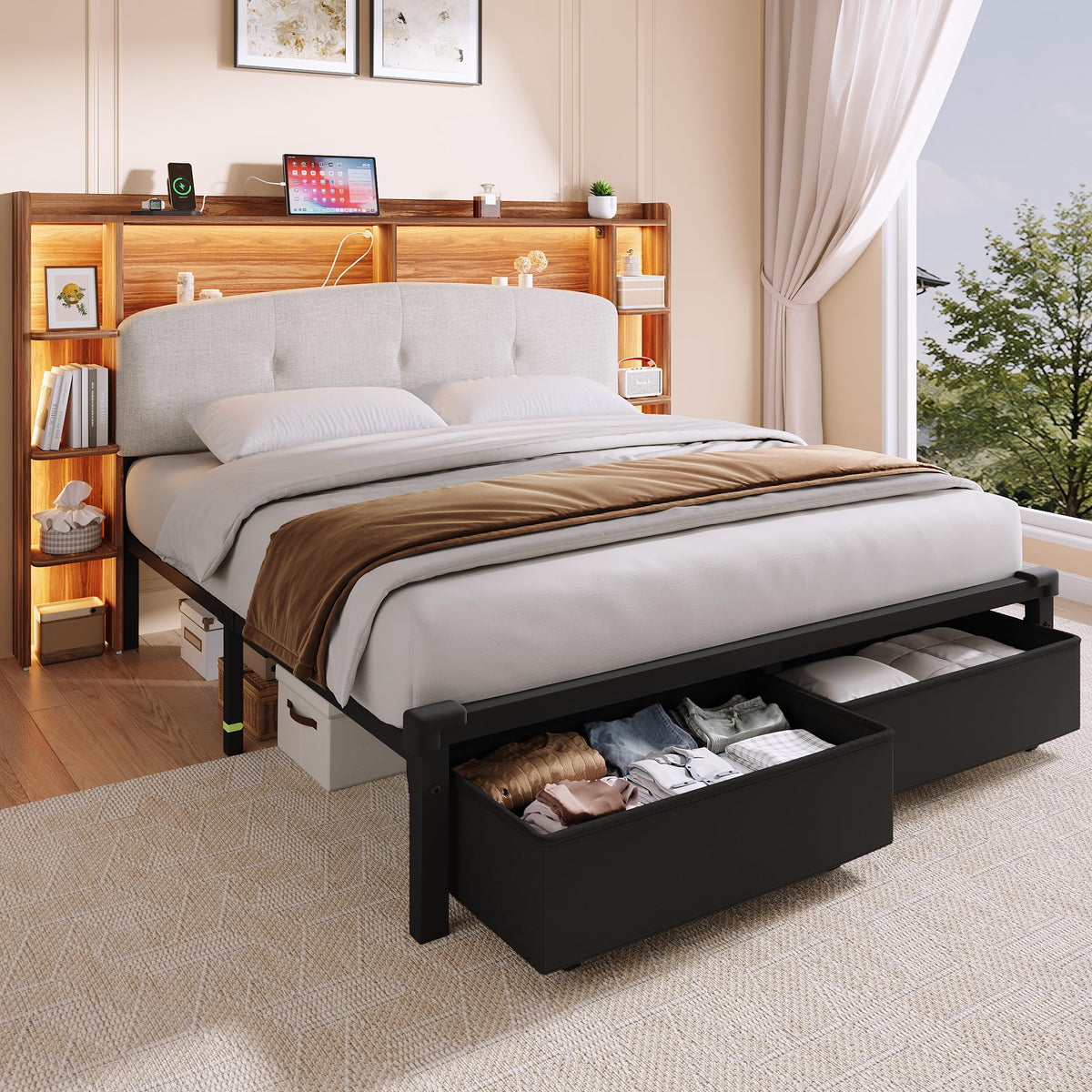 Queen Size Storage Bed Frame with Upholstered Headboard J8011