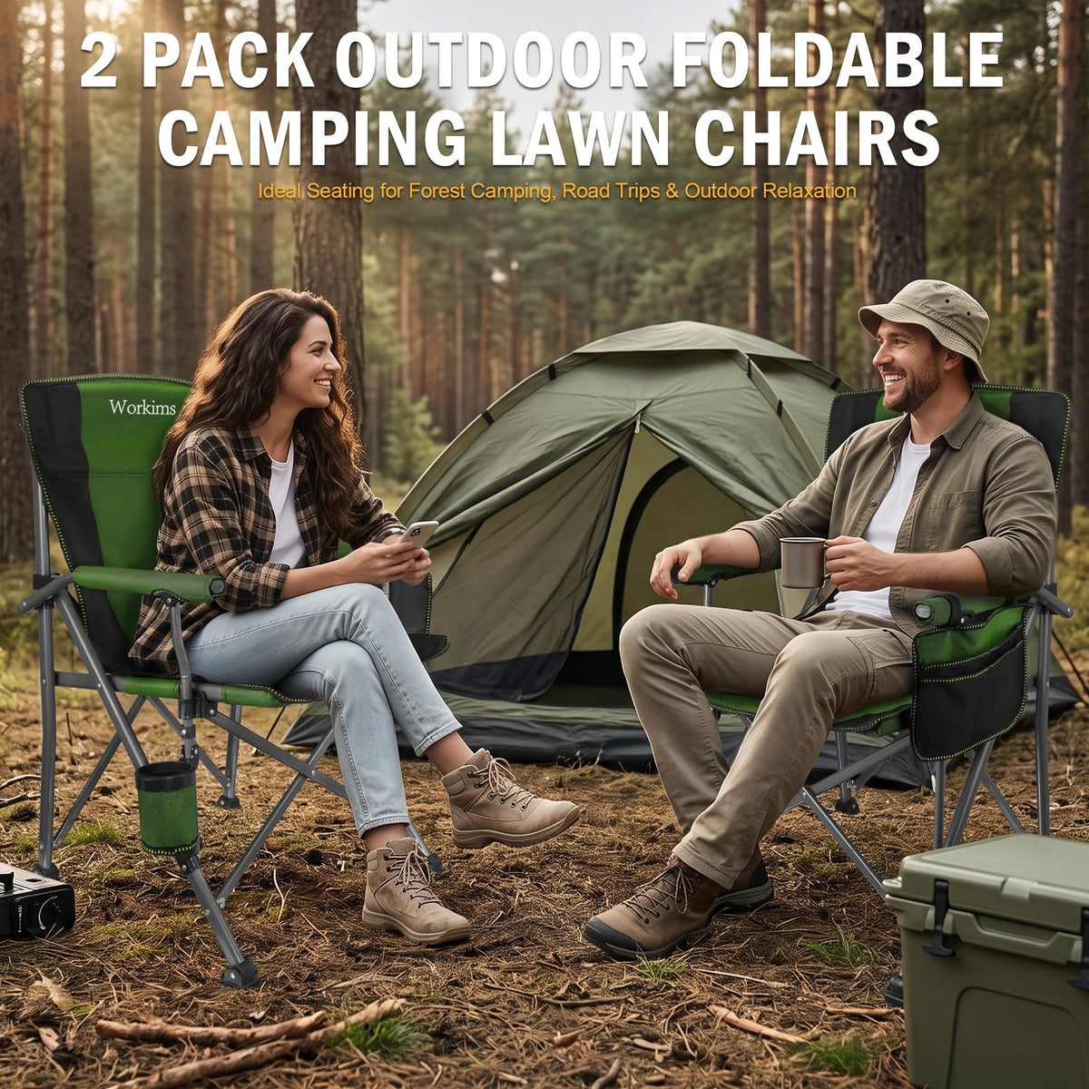 2 Pack Green Folding Camping Chair with Cup Holder and Storage Bag W59102