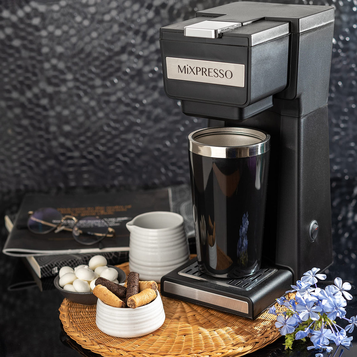 Single Serve Coffee Maker with 14oz Travel Mug & Reusable Filter A1145