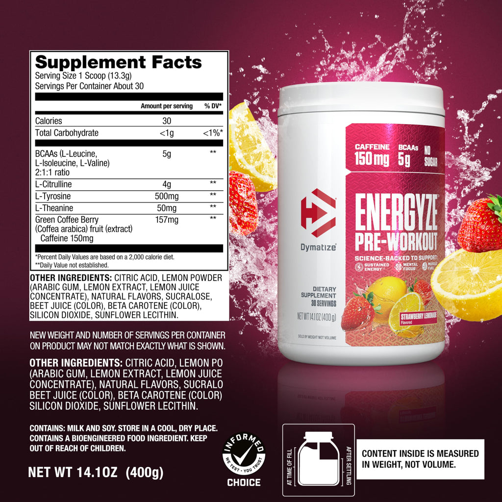 Pre Workout Powder Strawberry Lemonade 150mg Caffeine 5g BCAAs 30 Servings M73283