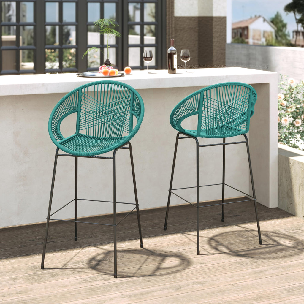 Teal Faux Wicker Outdoor Bar Stool Set of 2 B9755