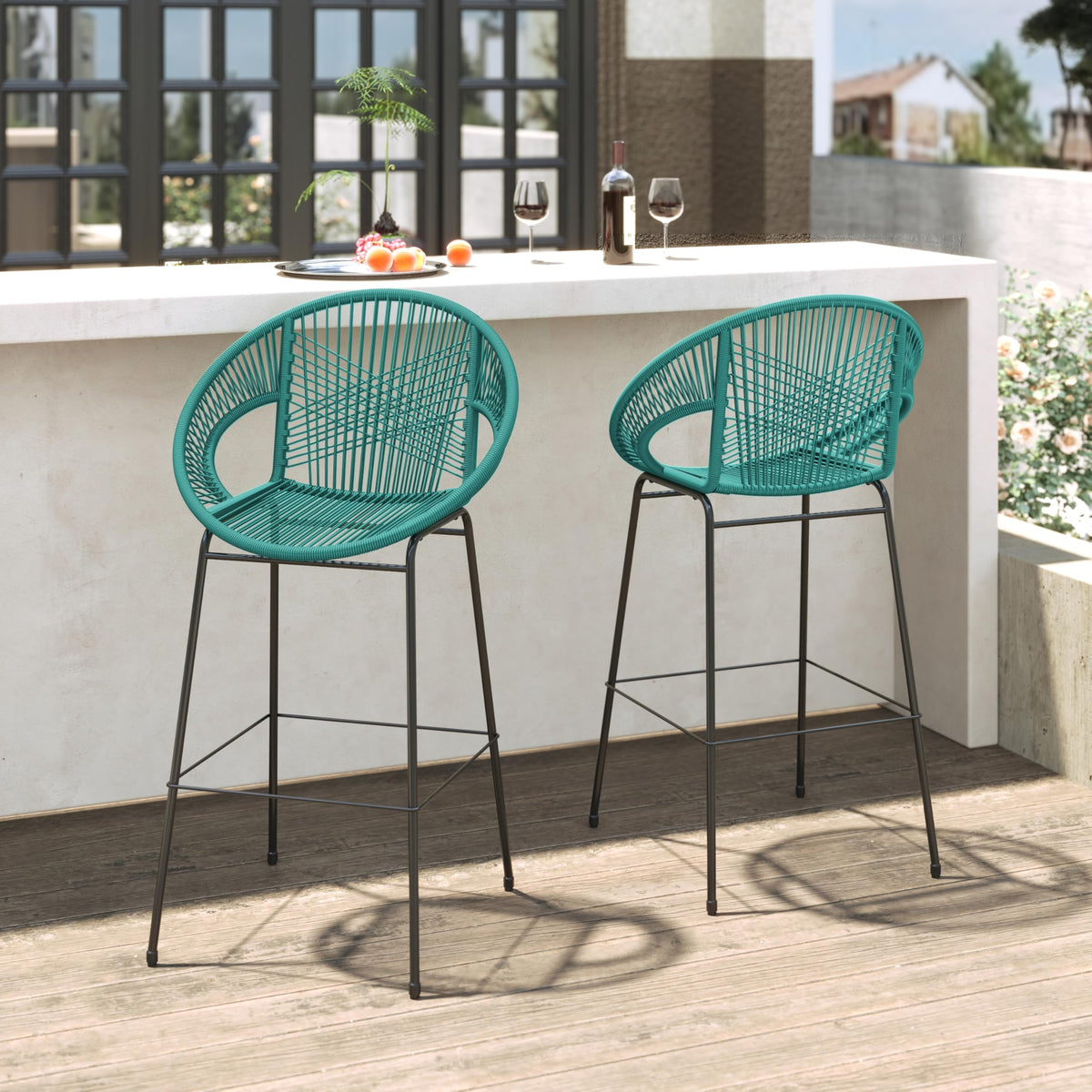 Teal Faux Wicker Outdoor Bar Stool Set of 2 B9755