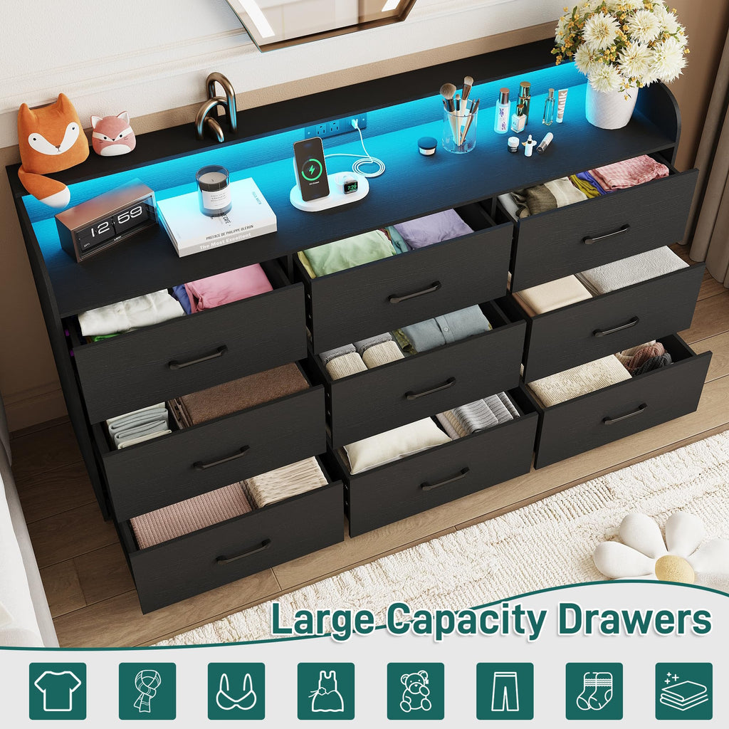 Black 9 Drawer Wood Dresser with Power Outlet and LED Lights Z184136