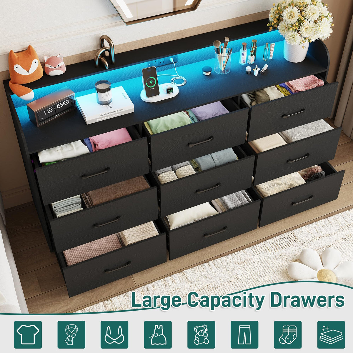 Black 9 Drawer Wood Dresser with Power Outlet and LED Lights Z184136