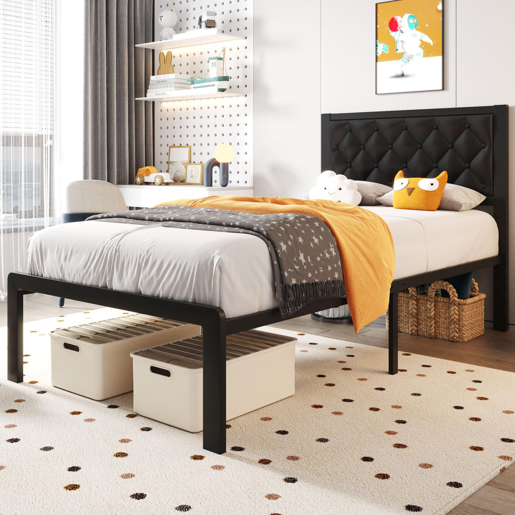 Black PU Leather Upholstered Twin Bed Frame with Headboard V3981