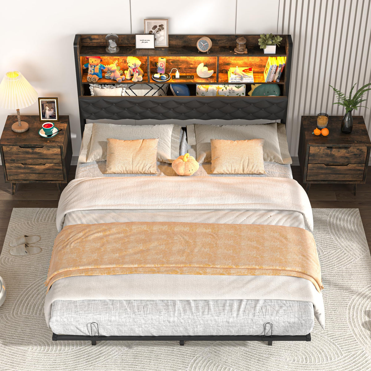 Queen Size Metal Platform Bed with Storage Bookcase Headboard B886891
