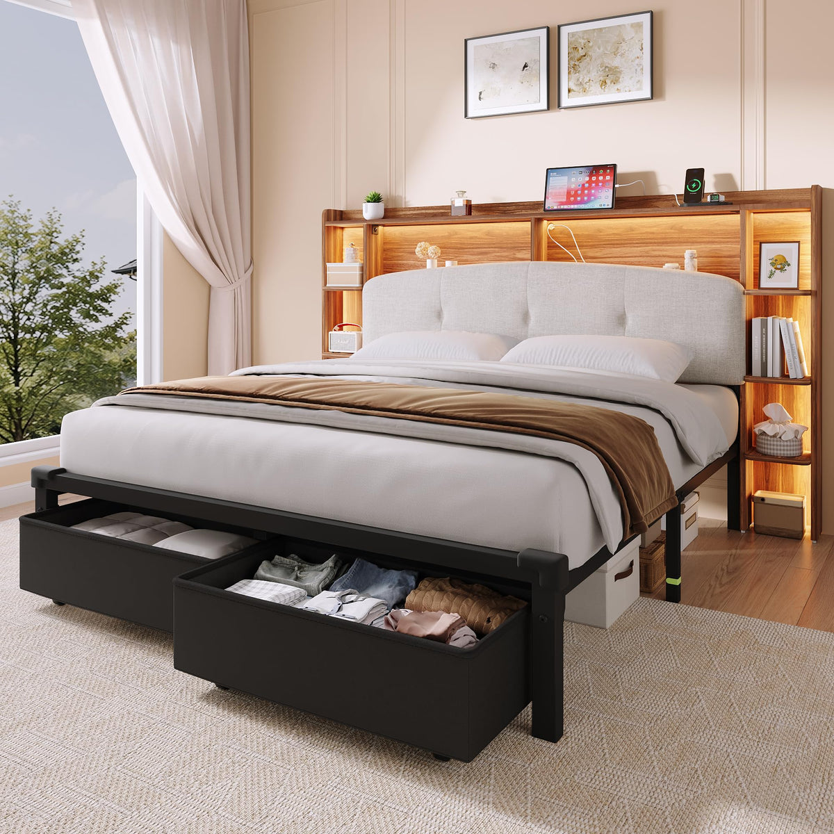 Queen Size Storage Bed Frame with Upholstered Headboard J8011