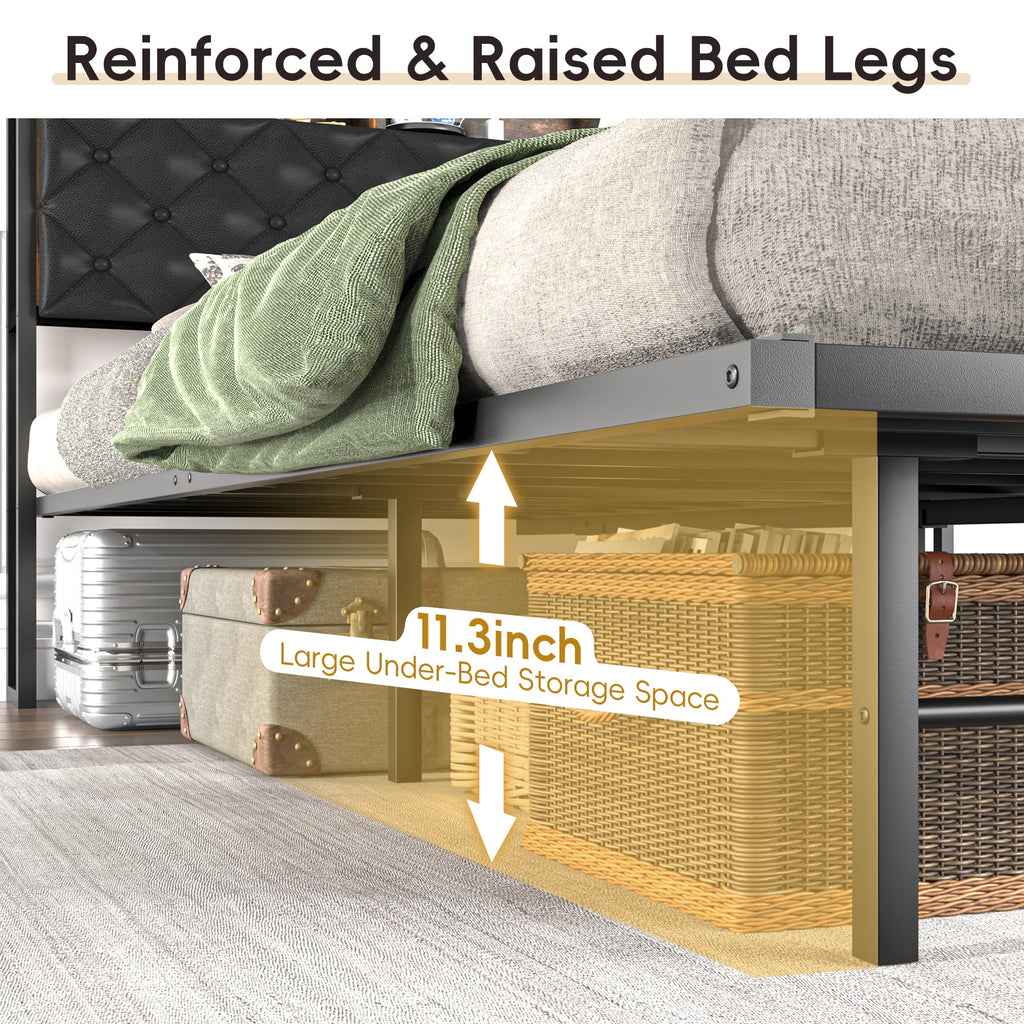 Queen Size Metal Platform Bed with Storage Bookcase Headboard B886891