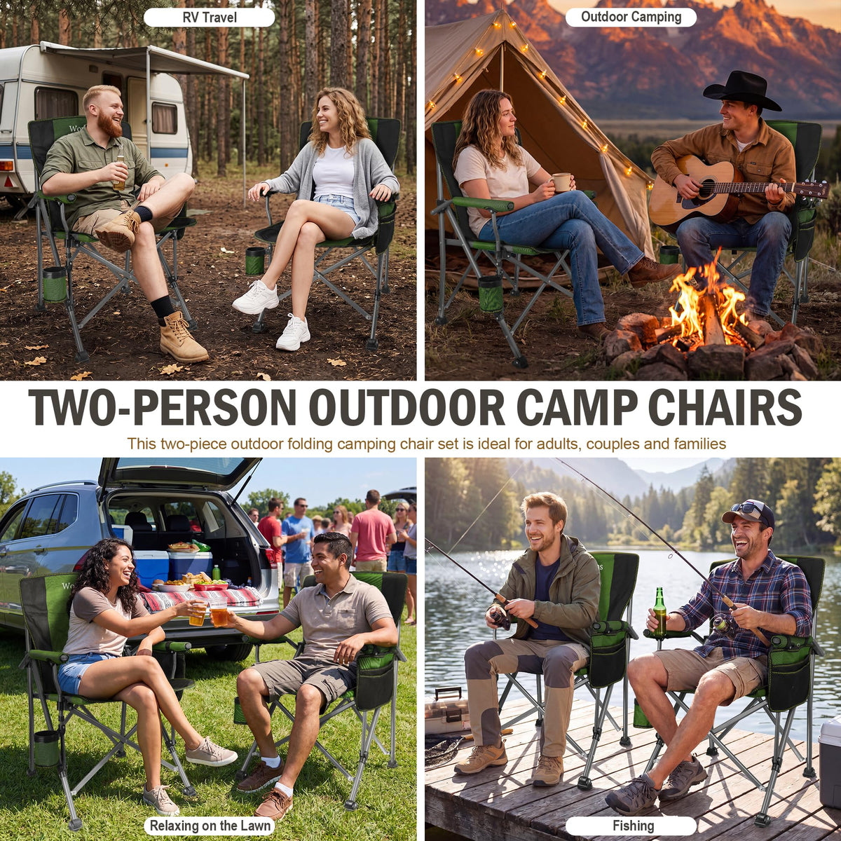 2 Pack Green Folding Camping Chair with Cup Holder and Storage Bag W59102