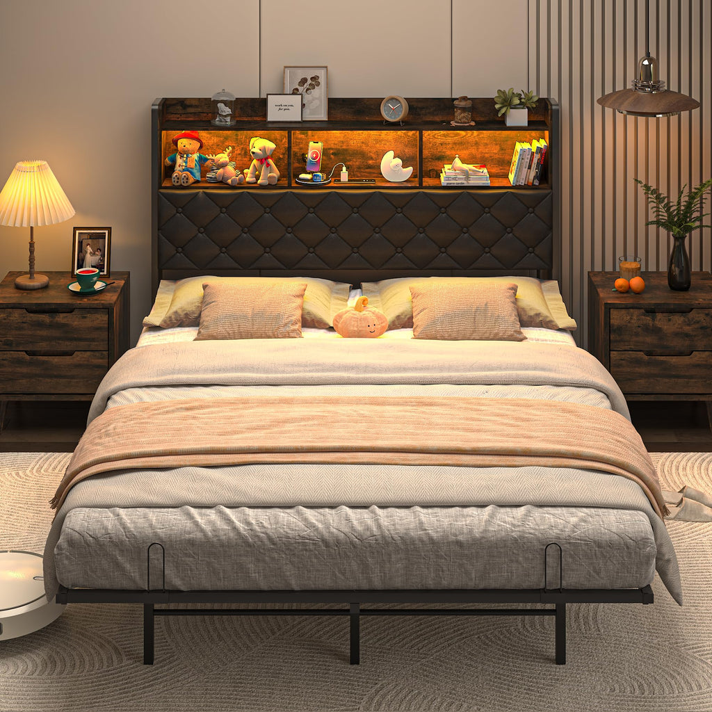 Queen Size Metal Platform Bed with Storage Bookcase Headboard B886891
