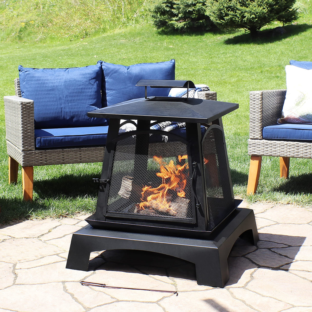 32-Inch Steel Wood-Burning Fire Pit with Log Grate and Poker Y737
