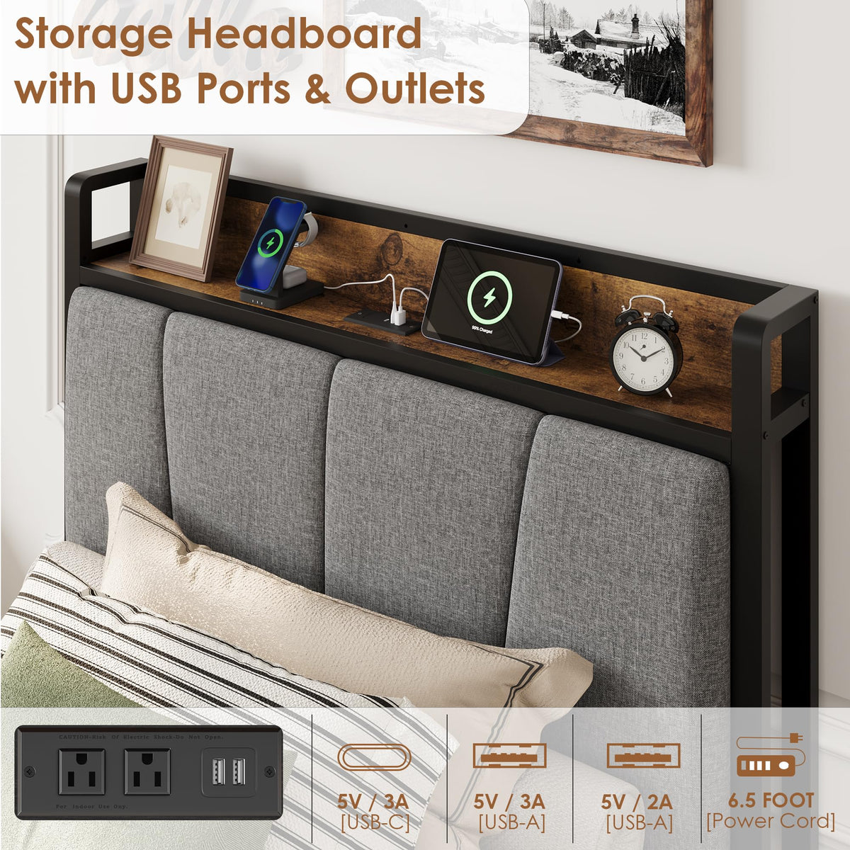 Grey Twin Size Linen Upholstered Platform Bed Frame with 2 Storage Drawers Z53640