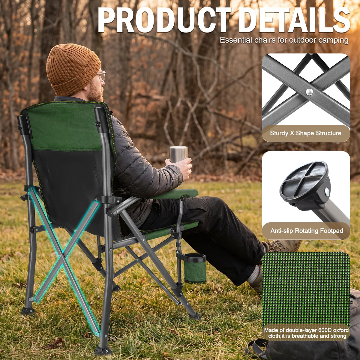 2 Pack Green Folding Camping Chair with Cup Holder and Storage Bag W59102