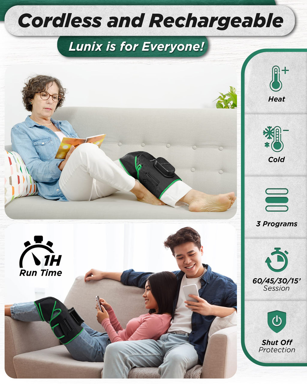 Cordless Knee Massager with Heat, Compression & Vibration, Rechargeable Wrap, Forest Green S176