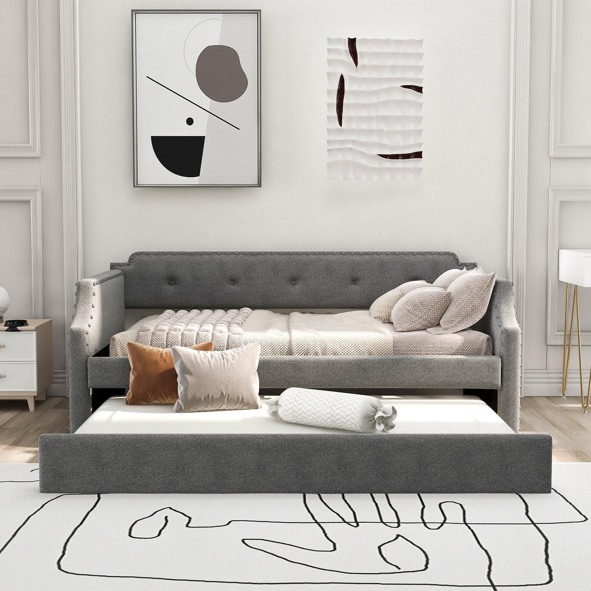 Gray Linen Upholstered Twin Daybed with Trundle I72889