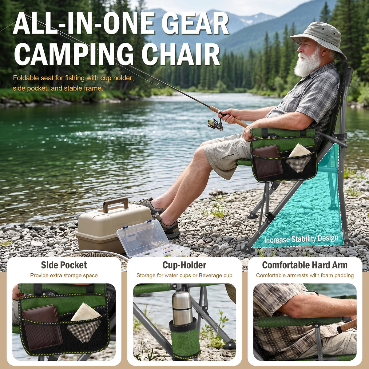 2 Pack Green Folding Camping Chair with Cup Holder and Storage Bag W59102